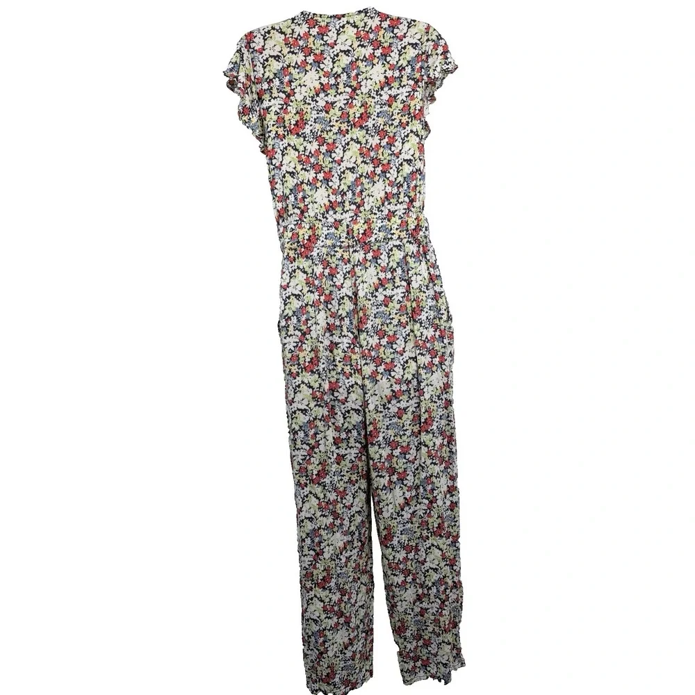 Free People Jumpsuit Floral Flower Ruffle‎ Vneck Sz S Pant Short Sleeve Boho